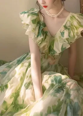 FLYTONN- French Green Ruffled Print Chiffon Holiday Dress Summer ZL081
