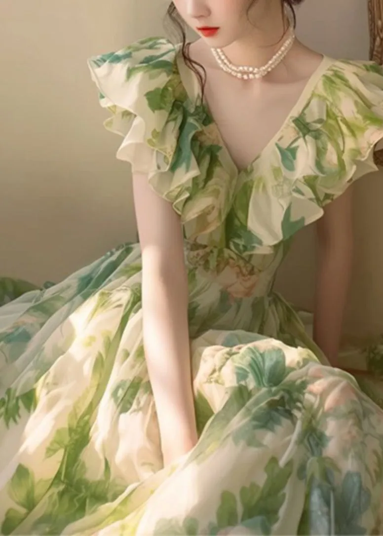 FLYTONN- French Green Ruffled Print Chiffon Holiday Dress Summer ZL081
