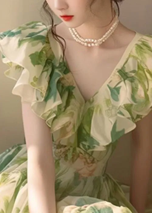 FLYTONN- French Green Ruffled Print Chiffon Holiday Dress Summer ZL081