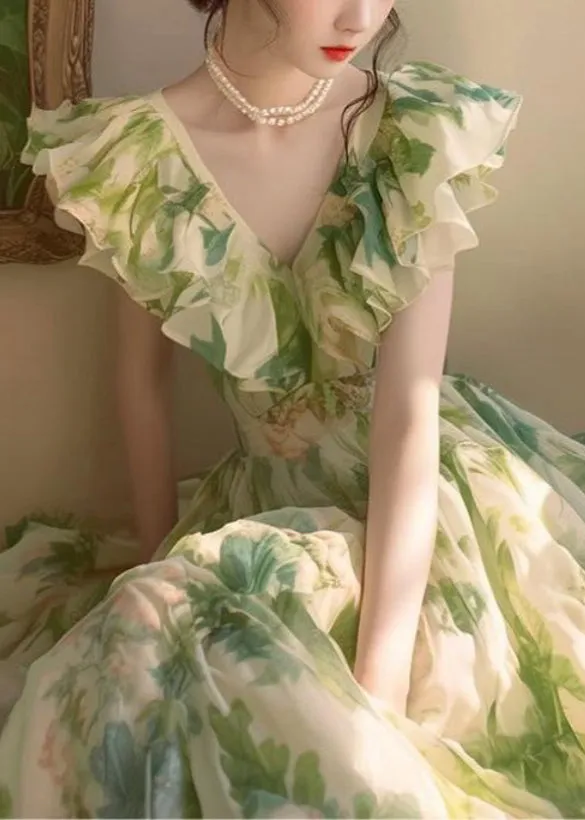 FLYTONN- French Green Ruffled Print Chiffon Holiday Dress Summer ZL081