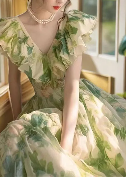 FLYTONN- French Green Ruffled Print Chiffon Holiday Dress Summer ZL081