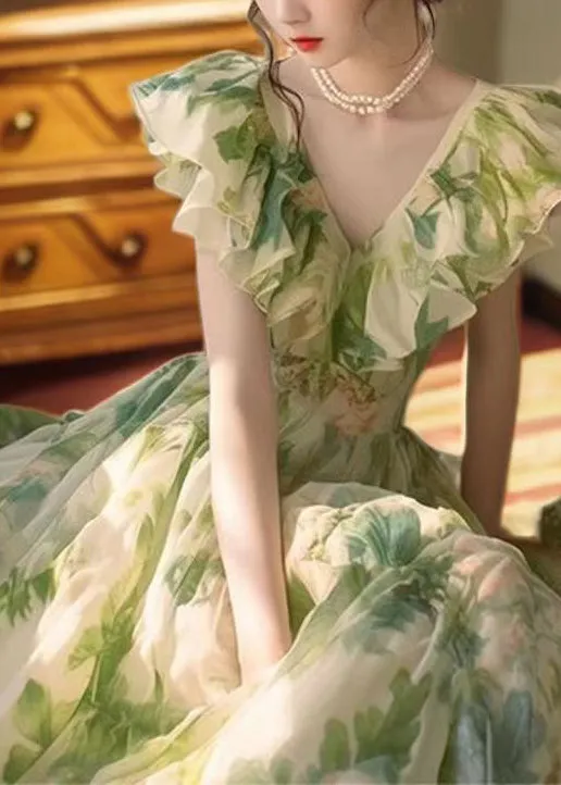 FLYTONN- French Green Ruffled Print Chiffon Holiday Dress Summer ZL081