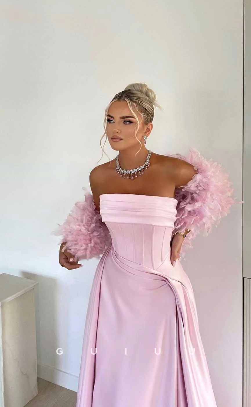 G4445 - Chic & Cute Pink Stain A-Ling Ruched Long Prom Party Dress with Feathers Sleeves