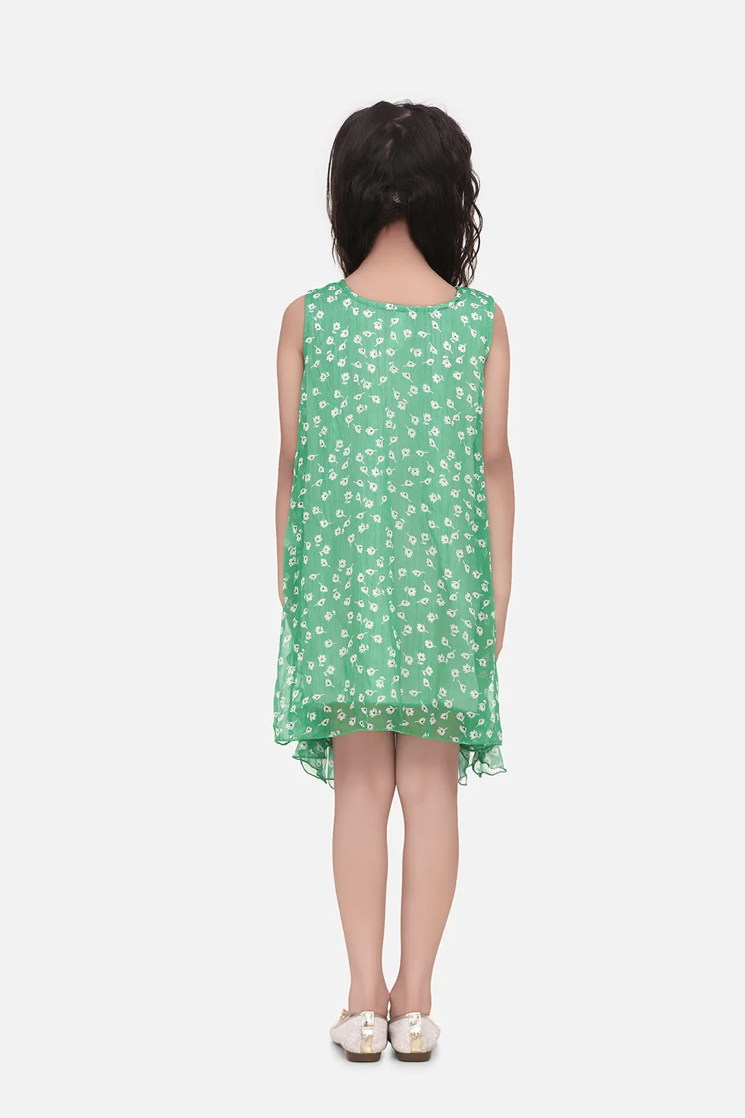 Girl's  Girls Green Chiffon Printed Ruffle Dress - StyleStone Kid