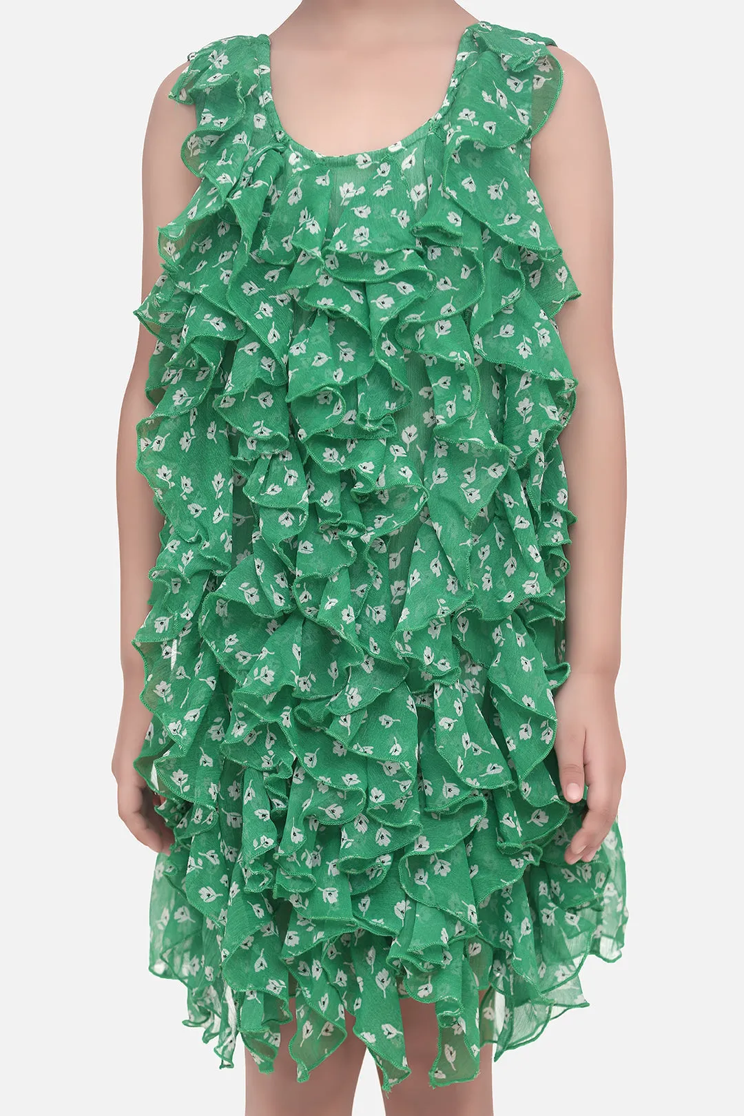Girl's  Girls Green Chiffon Printed Ruffle Dress - StyleStone Kid