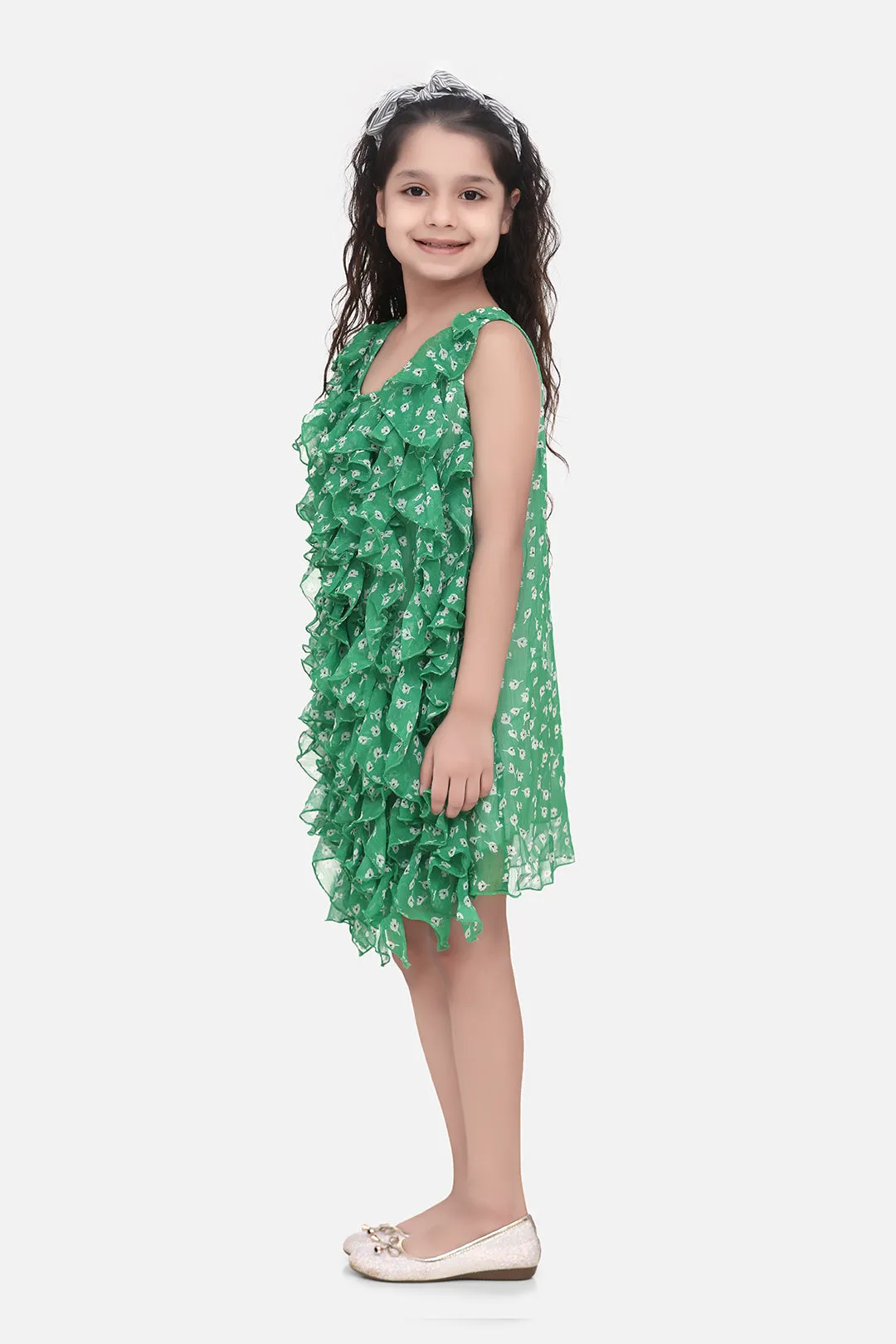 Girl's  Girls Green Chiffon Printed Ruffle Dress - StyleStone Kid