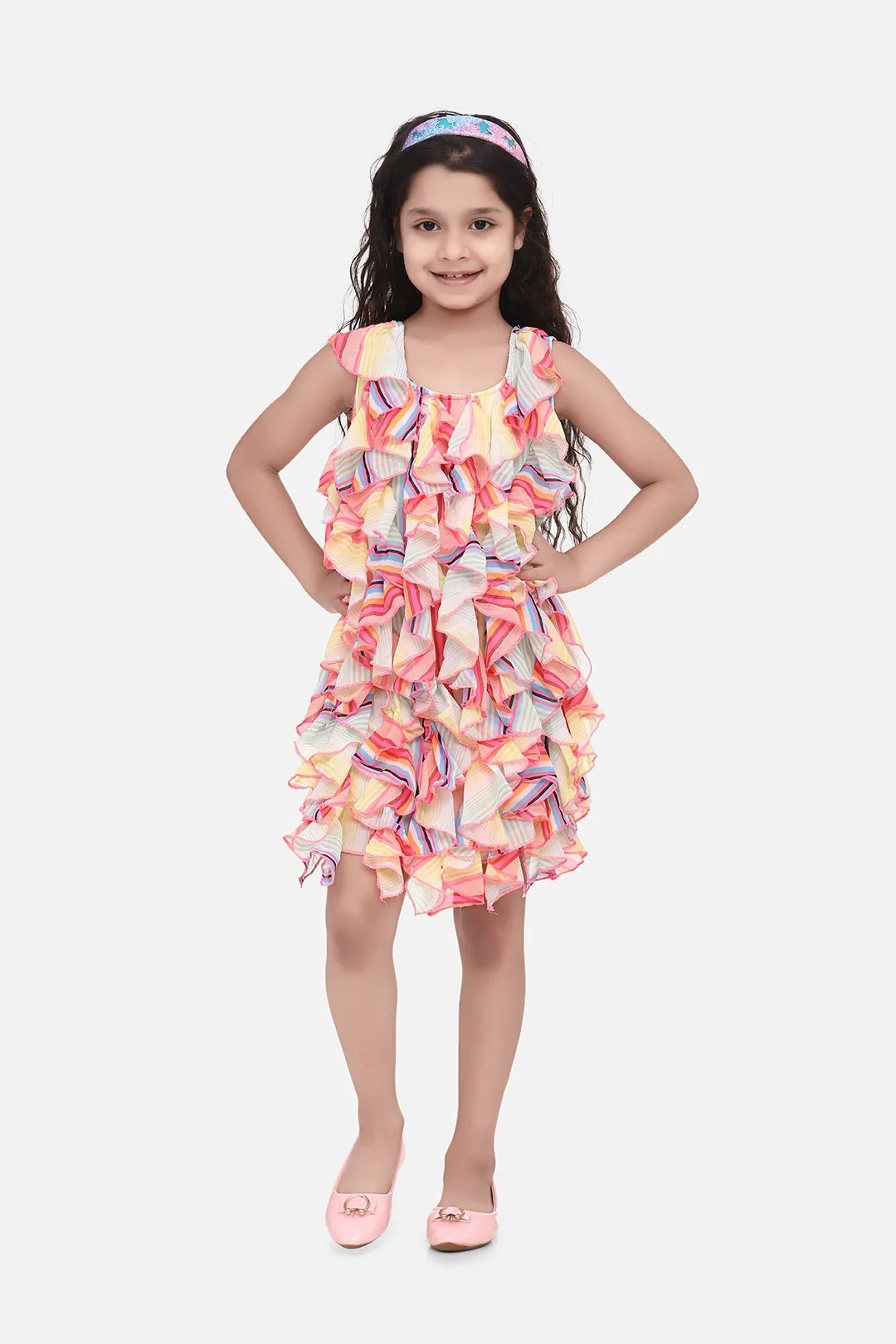Girl's  Girls Green Chiffon Printed Ruffle Dress - StyleStone Kid
