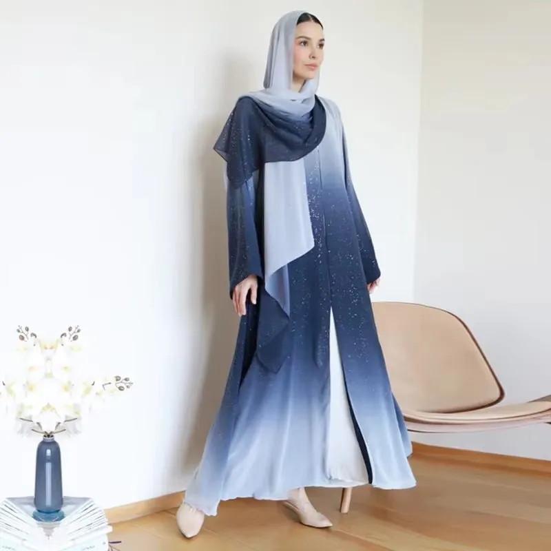 Gradient Glitter Chiffon Open Abaya 3-Piece Set (MOA097)