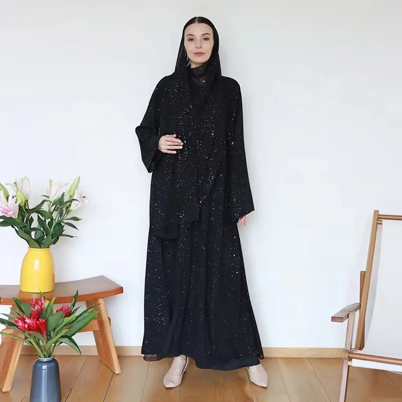 Gradient Glitter Chiffon Open Abaya 3-Piece Set (MOA097)