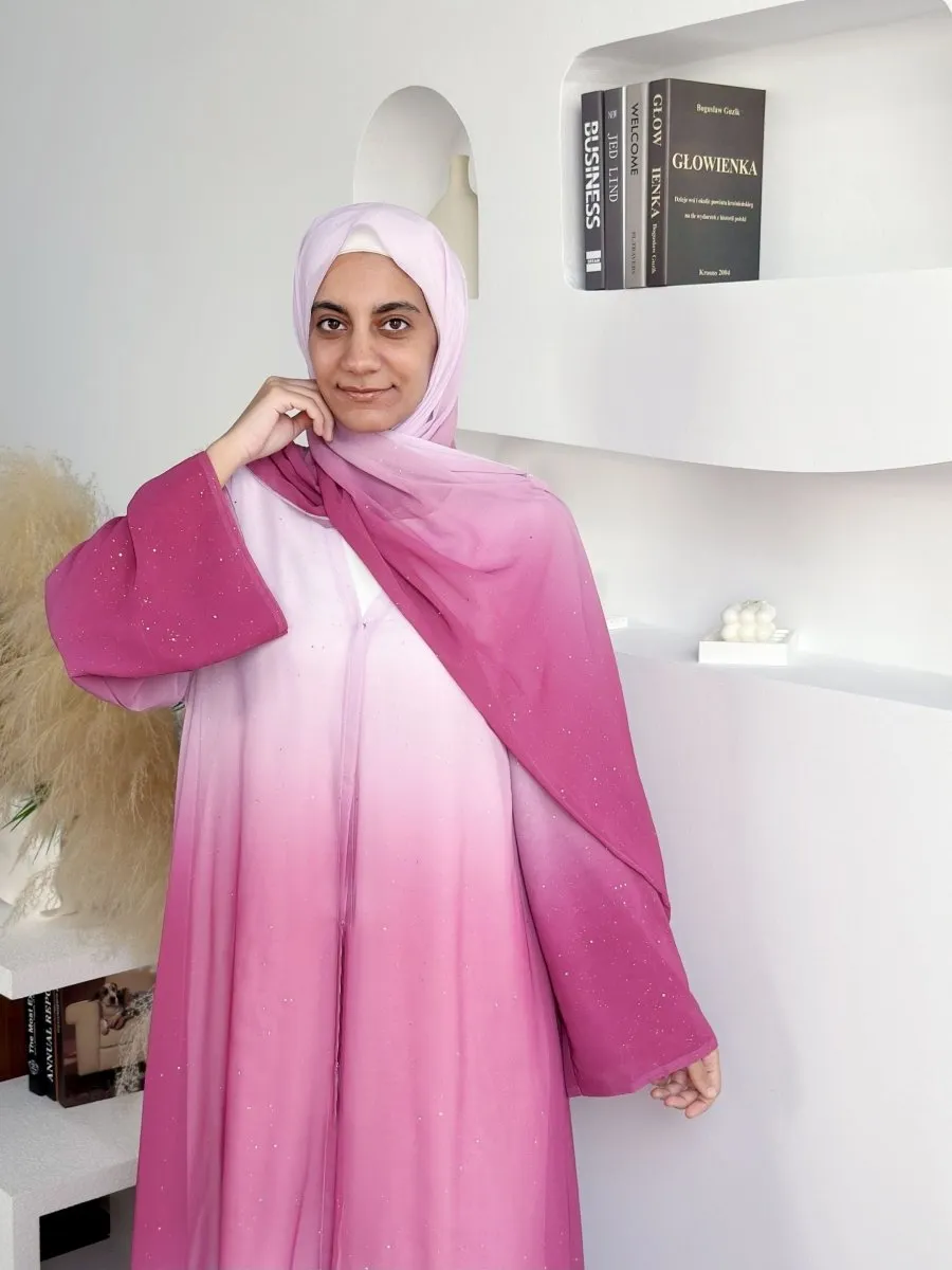Gradient Glitter Chiffon Open Abaya 3-Piece Set (MOA097)