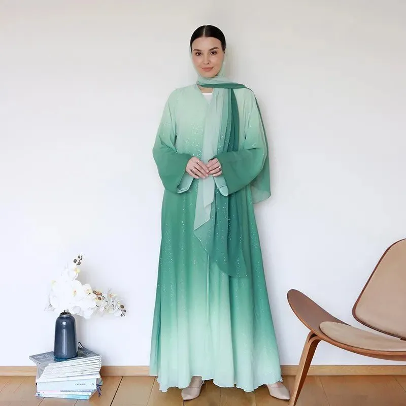 Gradient Glitter Chiffon Open Abaya 3-Piece Set (MOA097)