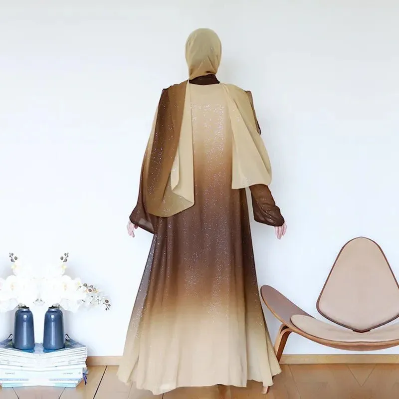 Gradient Glitter Chiffon Open Abaya 3-Piece Set (MOA097)