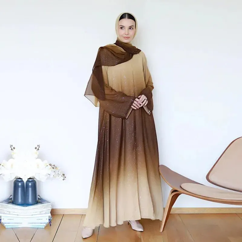 Gradient Glitter Chiffon Open Abaya 3-Piece Set (MOA097)