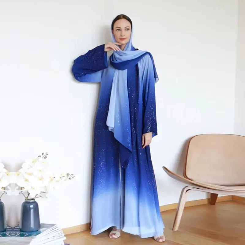 Gradient Glitter Chiffon Open Abaya 3-Piece Set (MOA097)