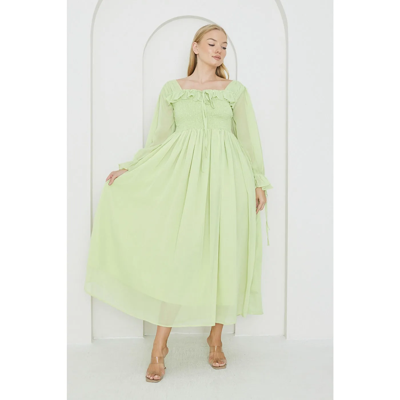 Green Chiffon Square Collar Dress