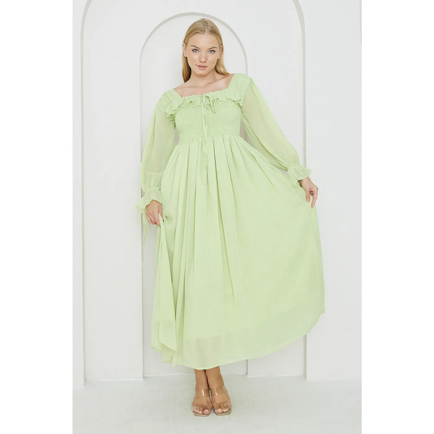 Green Chiffon Square Collar Dress