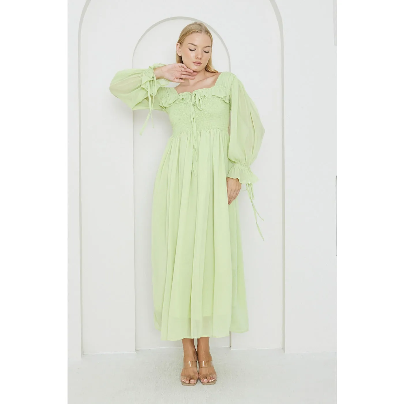 Green Chiffon Square Collar Dress