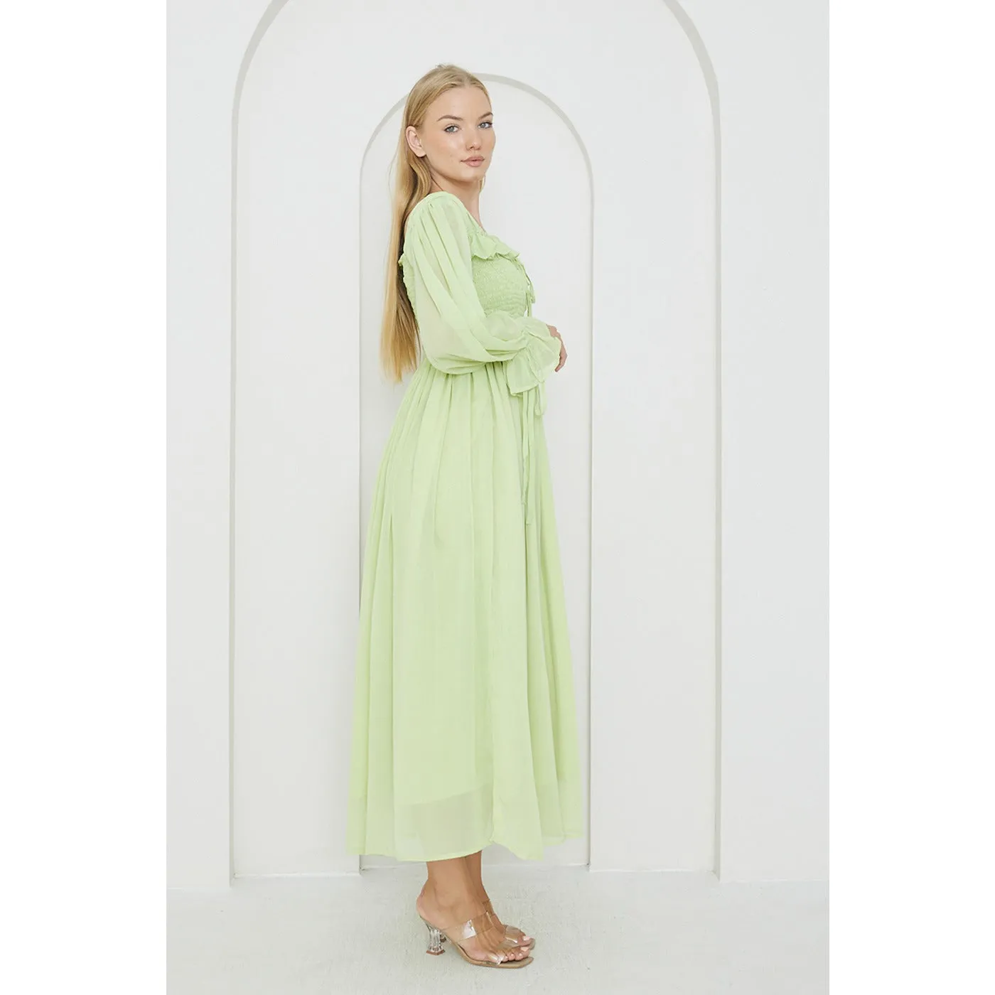 Green Chiffon Square Collar Dress