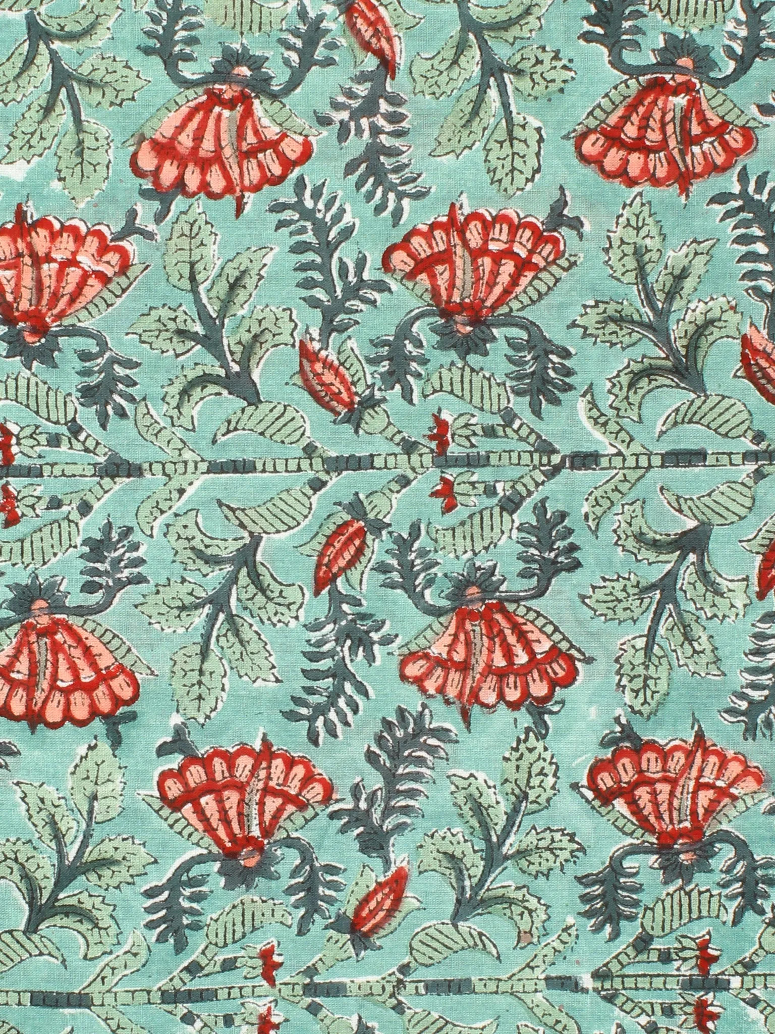 Green Red Pink Hand Block Printed Cotton Fabric Per Meter - F001F2328