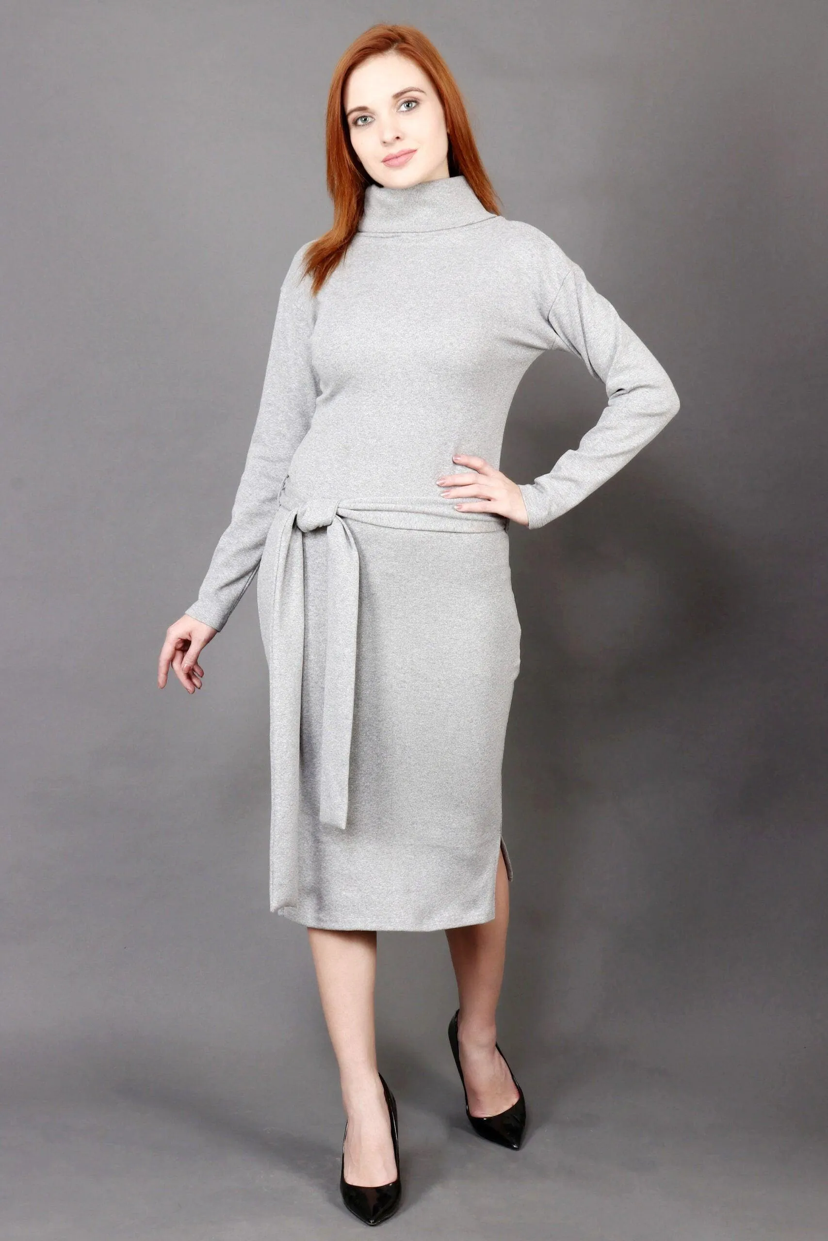 Grey Solid Ribbed Dress