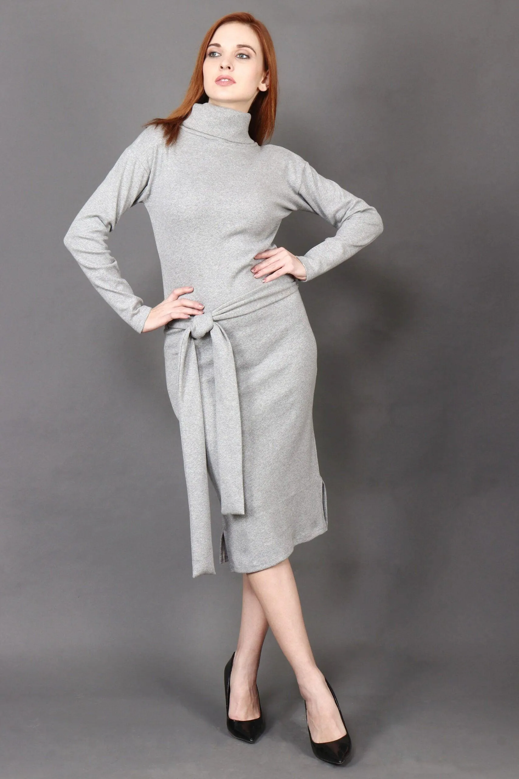Grey Solid Ribbed Dress