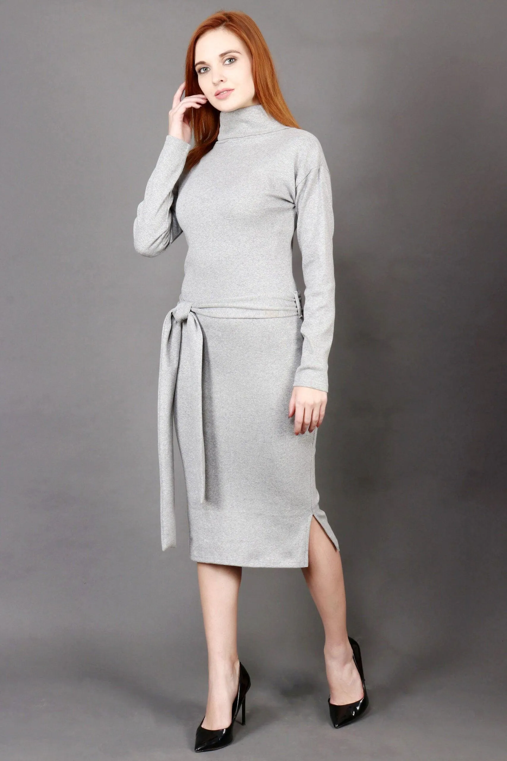 Grey Solid Ribbed Dress