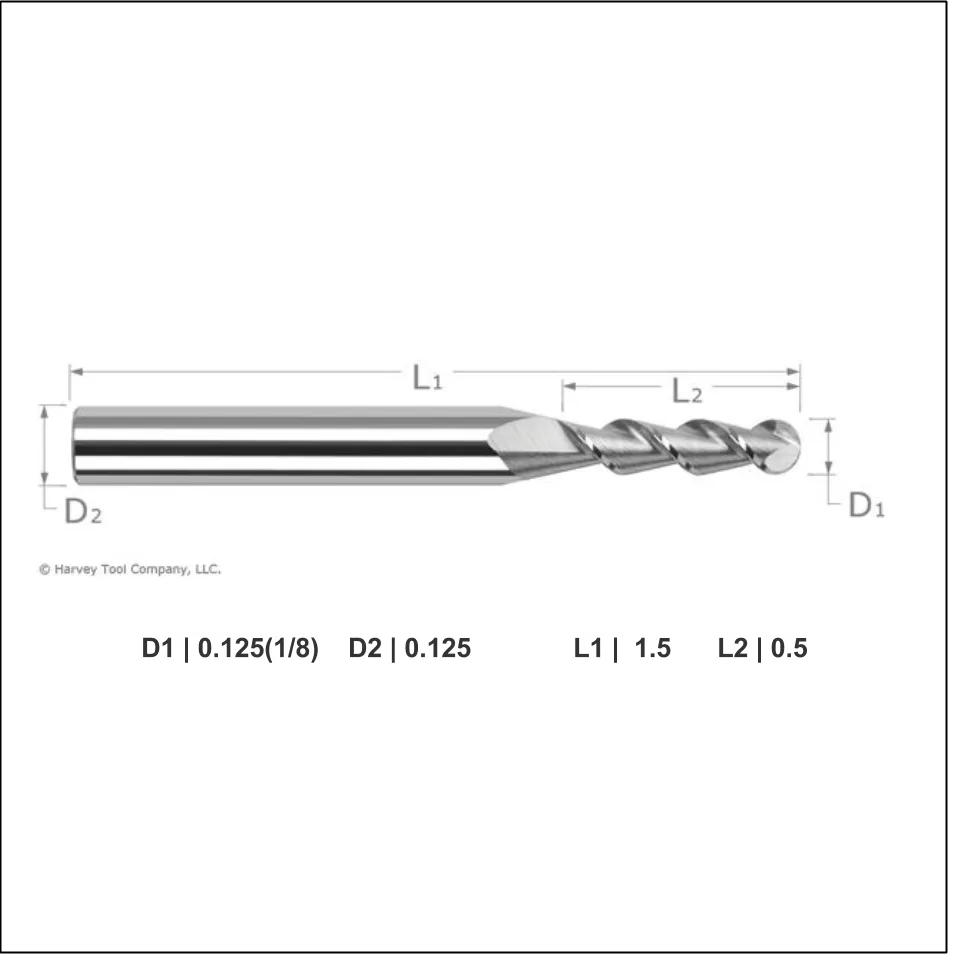 Harvey Tool 1/8th Inch 45 Degree Ball Helix, 2 Flute
