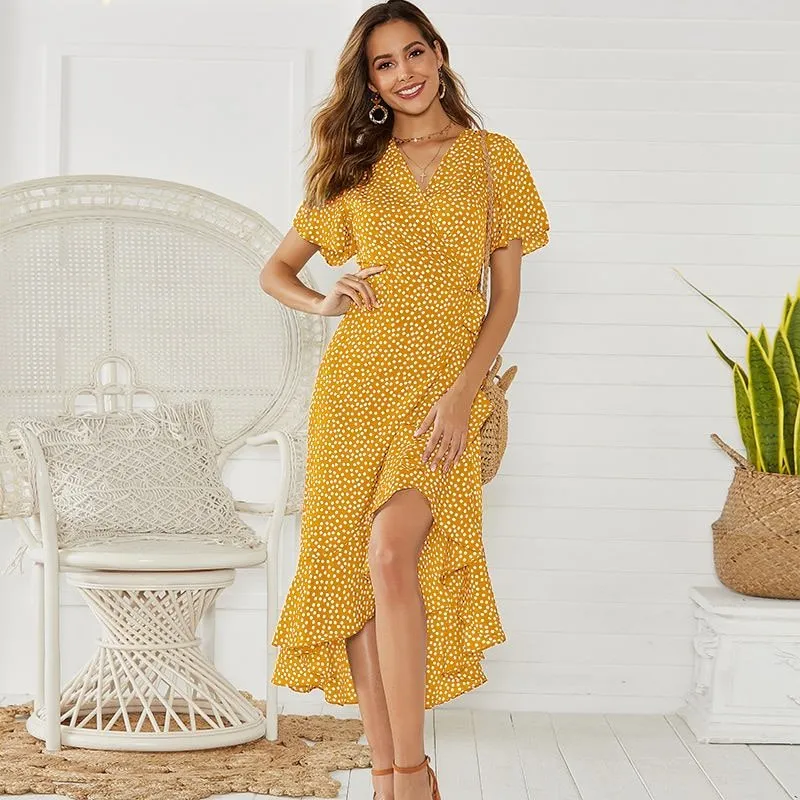 HILORILL Chiffon Ruffle Wrap Dress