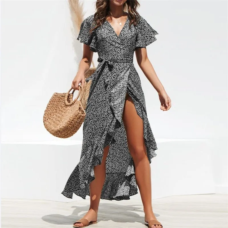 HILORILL Chiffon Ruffle Wrap Dress