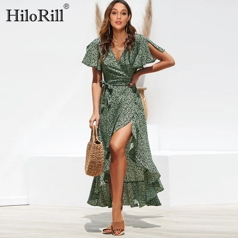 HILORILL Chiffon Ruffle Wrap Dress