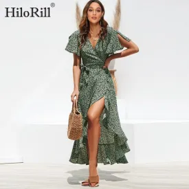 HILORILL Chiffon Ruffle Wrap Dress