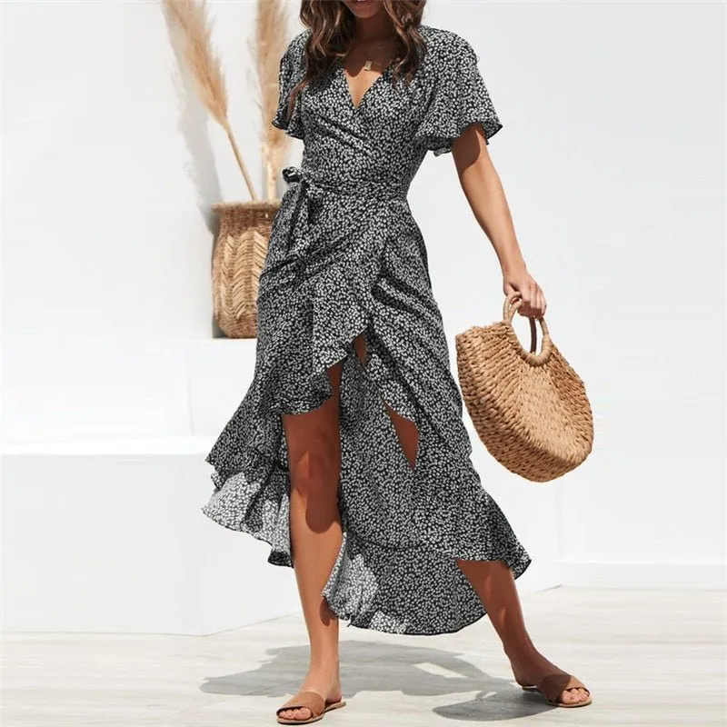 HILORILL Chiffon Ruffle Wrap Dress