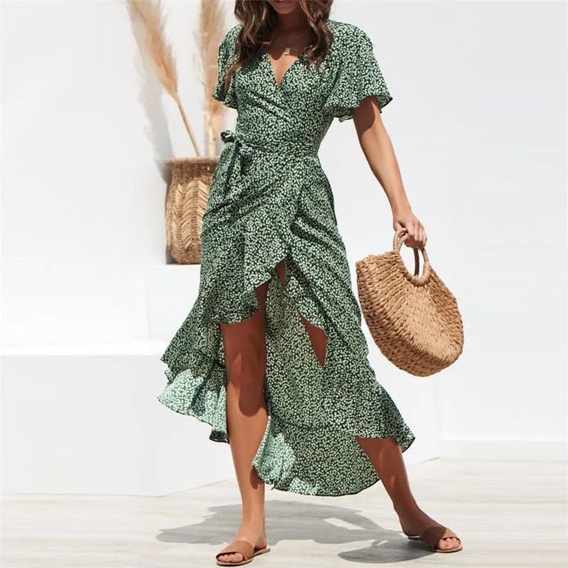 HILORILL Chiffon Ruffle Wrap Dress