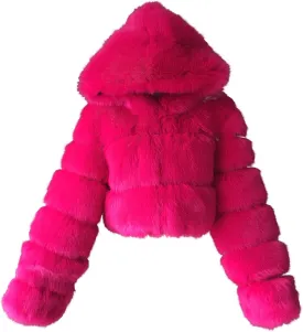 hlysgo Winter Crop Coats Womens Faux Fur Jacket Long Sleeve Hooded Cropped Jackets Zipper Fuzzy Short Coat Outerwear