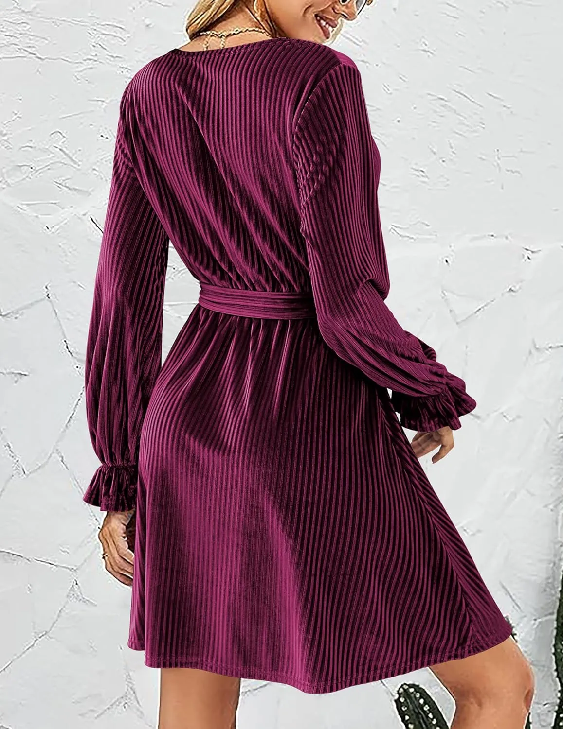 HOTOUCH Women's Velvet Dress Wrap V Neck Flared Dress Long Lantern Sleeve Dresses with Belt Cocktail Party Dress