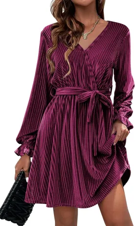 HOTOUCH Women's Velvet Dress Wrap V Neck Flared Dress Long Lantern Sleeve Dresses with Belt Cocktail Party Dress