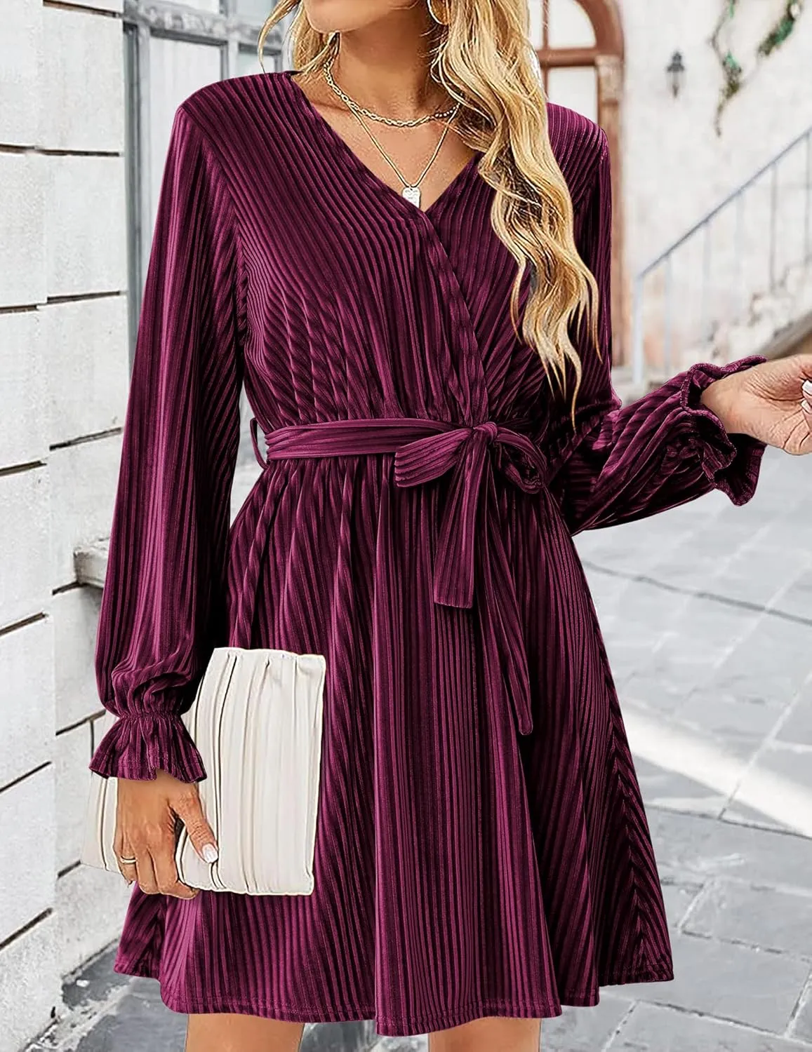 HOTOUCH Women's Velvet Dress Wrap V Neck Flared Dress Long Lantern Sleeve Dresses with Belt Cocktail Party Dress