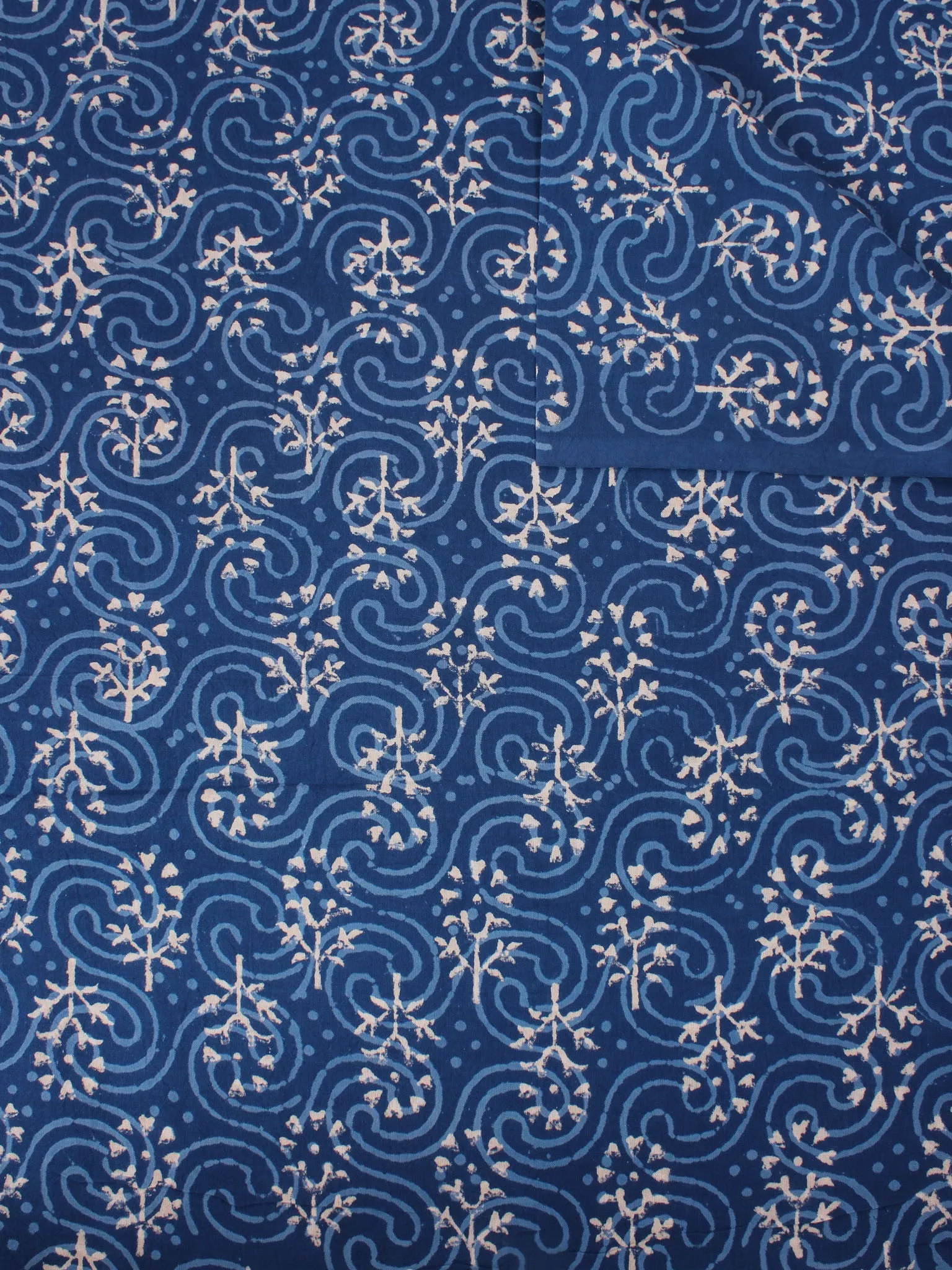 Indigo Beige Natural Dyed Hand Block Printed Cotton Fabric Per Meter - F0916301