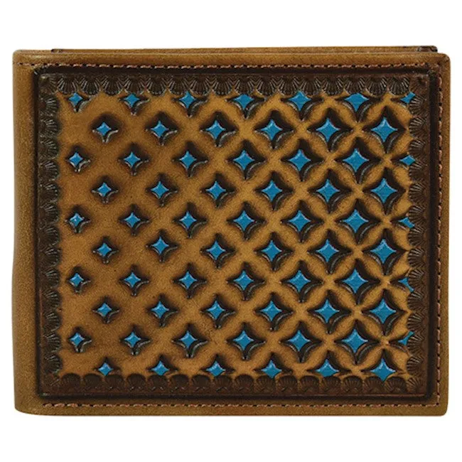 Justin Brown Back Pocket Bifold Wallet with Diamond Tooling & Turquoise Underlay