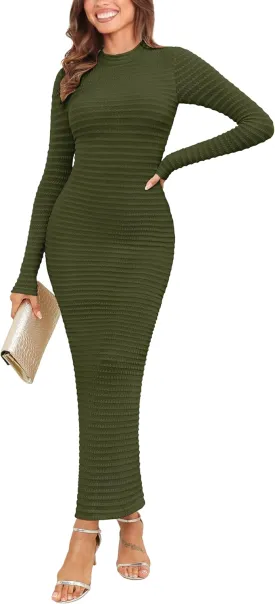 Kranda Women's 2025 Spring Sweater Dress Long Sleeve High Neck Slim Fit Casual Formal Long Bodycon Knit Winter Maxi Dress