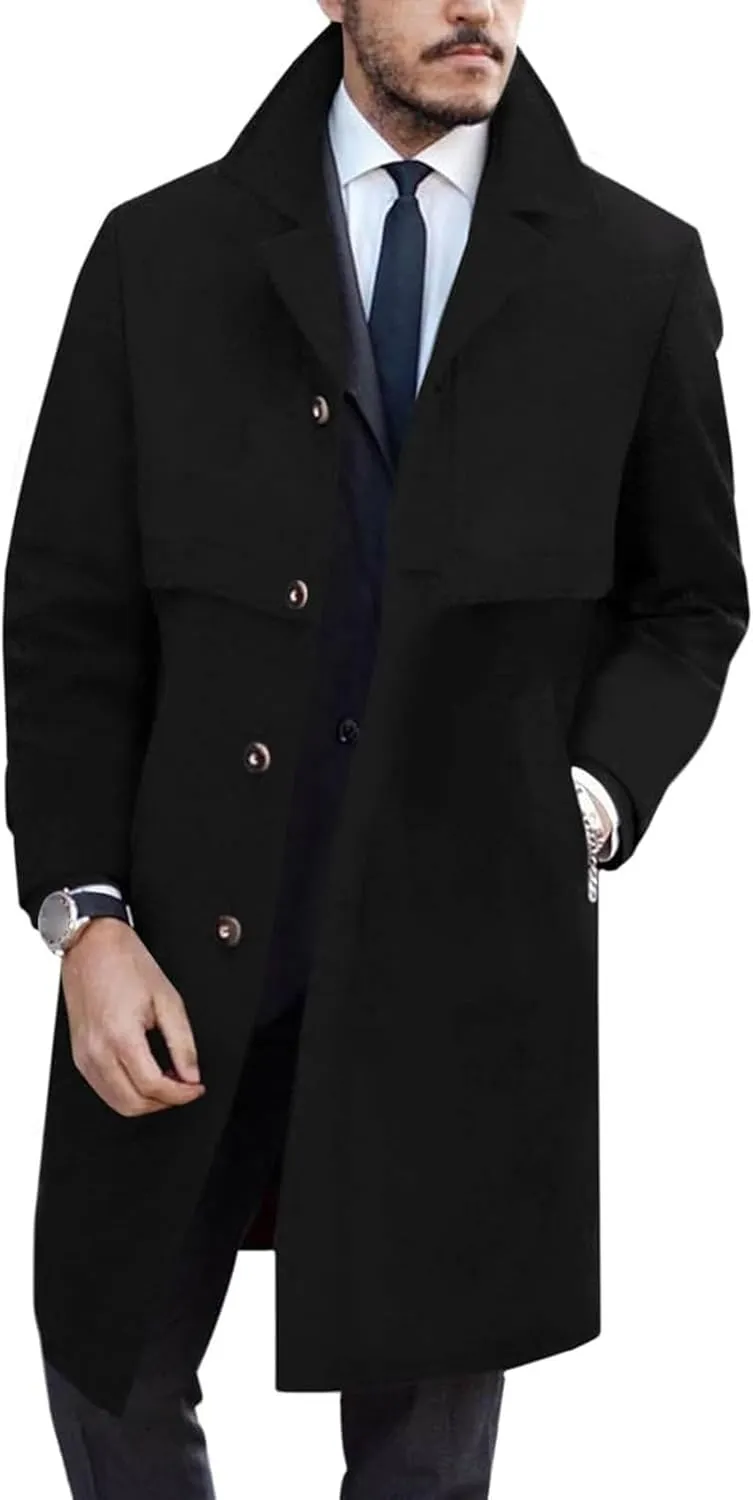Long Coat Men Fall Trench Coat Wool Blend Notch Lapel Single Breasted Long Pea Coat Fashion Casual Business Overcoat