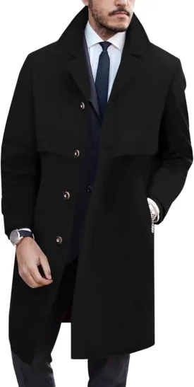 Long Coat Men Fall Trench Coat Wool Blend Notch Lapel Single Breasted Long Pea Coat Fashion Casual Business Overcoat
