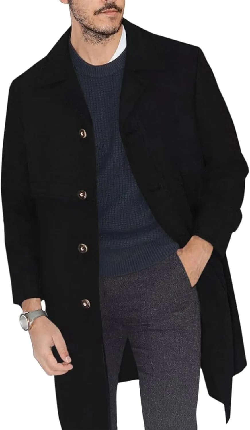 Long Coat Men Fall Trench Coat Wool Blend Notch Lapel Single Breasted Long Pea Coat Fashion Casual Business Overcoat