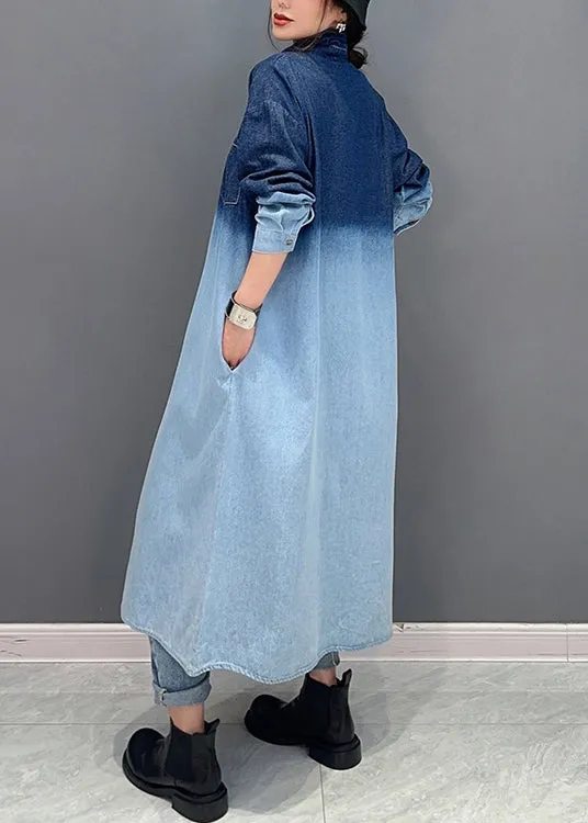 Loose Gradient Color Button Pockets Denim Long Coat Fall ML1504