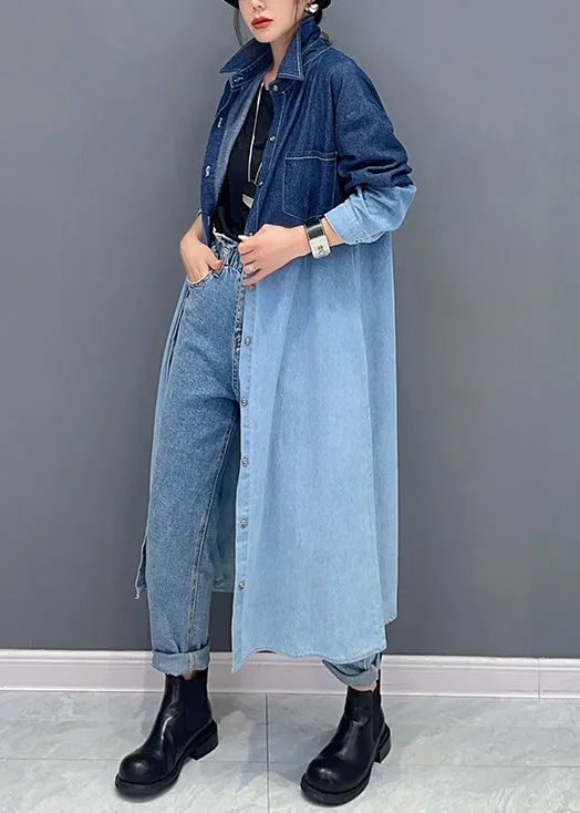 Loose Gradient Color Button Pockets Denim Long Coat Fall ML1504