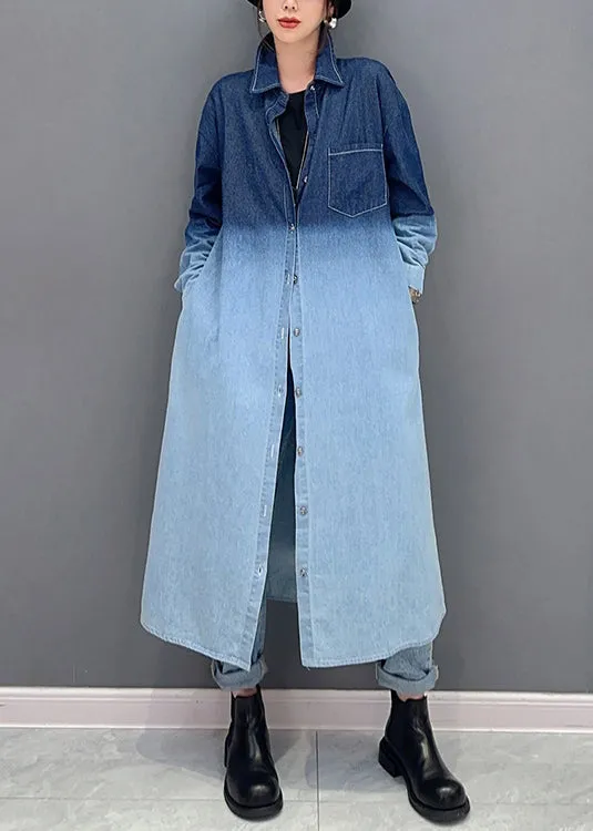 Loose Gradient Color Button Pockets Denim Long Coat Fall ML1504
