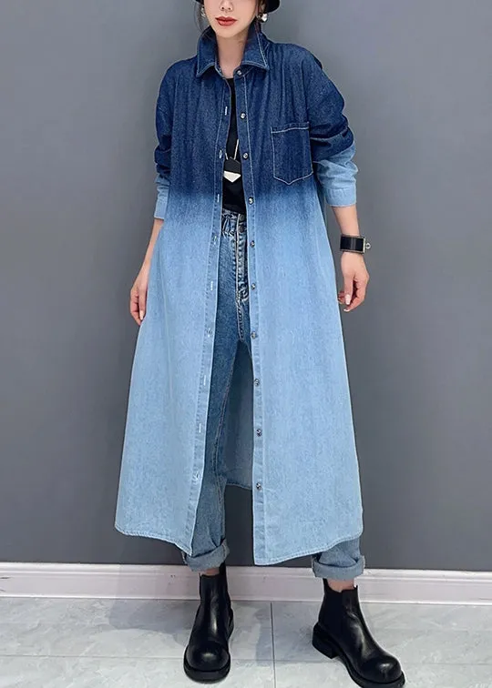 Loose Gradient Color Button Pockets Denim Long Coat Fall ML1504