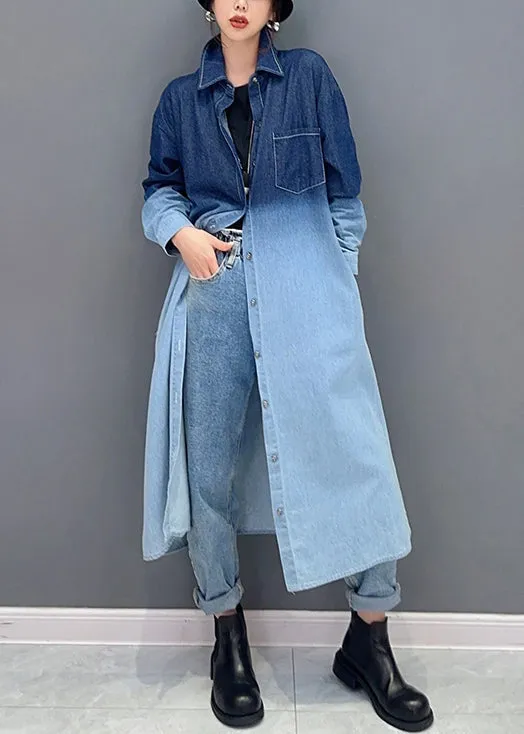 Loose Gradient Color Button Pockets Denim Long Coat Fall ML1504