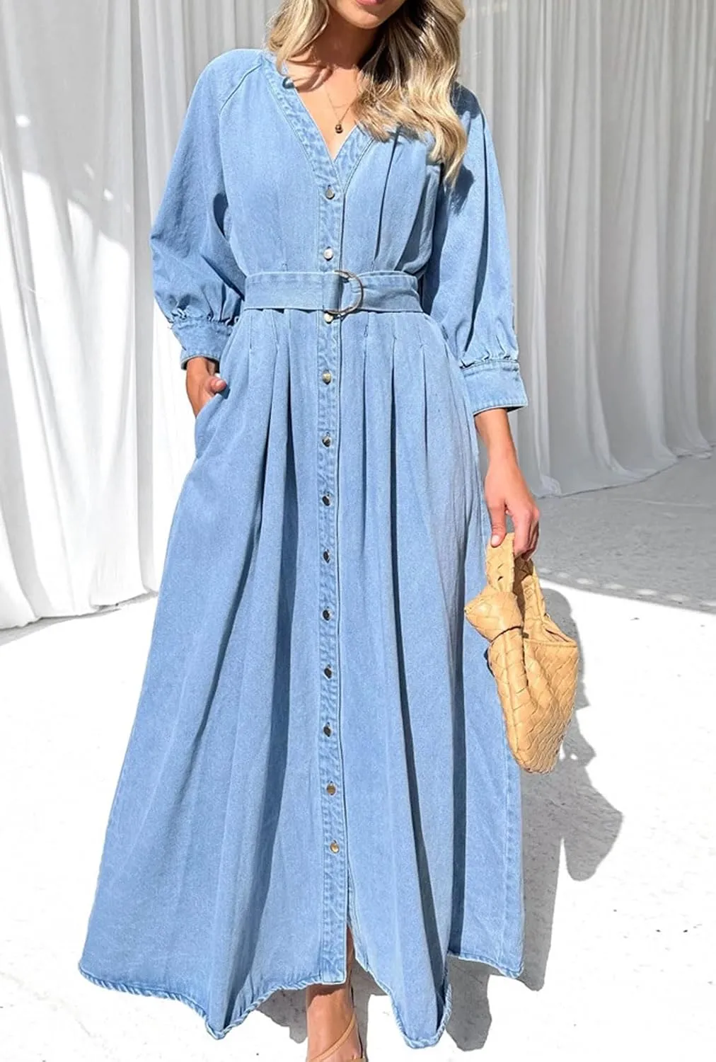 loveimgs Women 2025 Casual Button Down Denim Maxi Dress Pleated A Line Long Jean Shirt Dresses Belted Pockets
