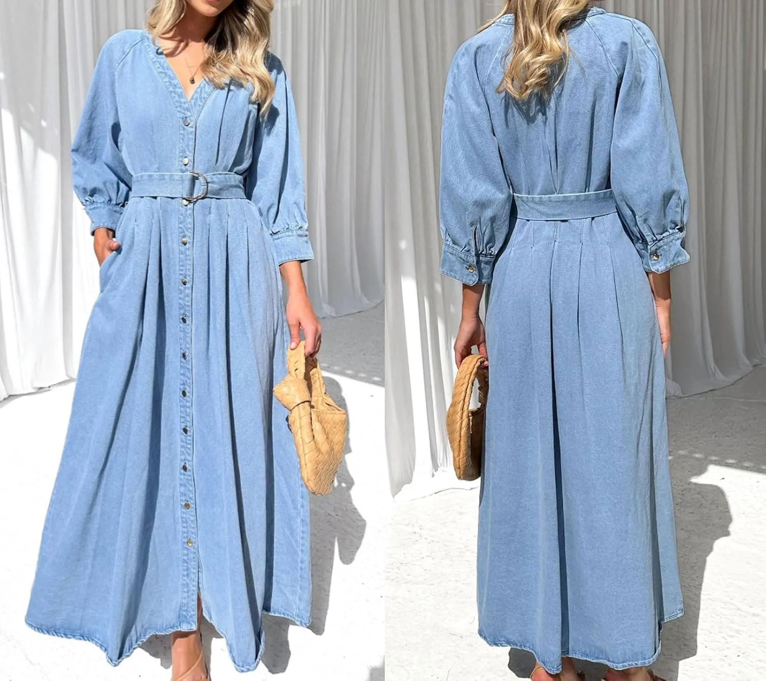 loveimgs Women 2025 Casual Button Down Denim Maxi Dress Pleated A Line Long Jean Shirt Dresses Belted Pockets